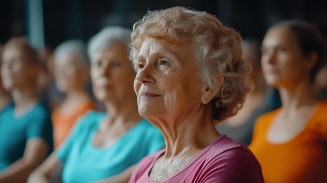 A serene elderly woman participates in a yoga class, surrounded by attentive peers, showcasing strength and community in wellness.
