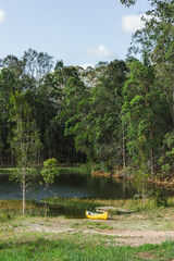 Yellow canoe sitting on the edge of a lake