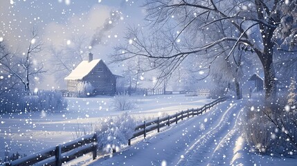 Naklejka premium Winter Wonderland Snow Covered Cabin Trees and Road