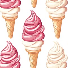 Vibrant Seamless Pattern with Assorted Ice Cream Cones on White Background