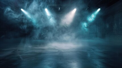 Dark Performance Stage with spotlights and floating smoke AI generated image