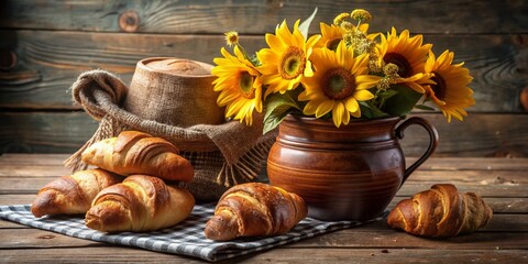 Freshly baked croissants and crusty bread surround a vase of sunflowers on a rustic wooden table, evoking warmth and inviting a sense of cozy comfort.