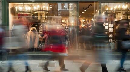 Motion-blurred shoppers walking past a storefront window, capturing the dynamic movement and busy atmosphere of urban retail environments, ideal for illustrating consumer behavior and modern shopping 