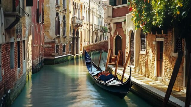 A serene Venetian canal with a gondola, surrounded by charming architecture and greenery.