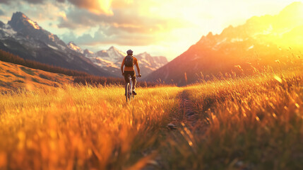 Obraz premium A Cyclist Riding Through a Field at Sunset