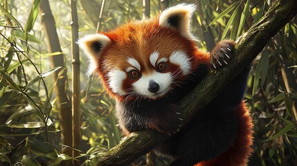 Red Panda Perched on Branch in Bamboo Forest