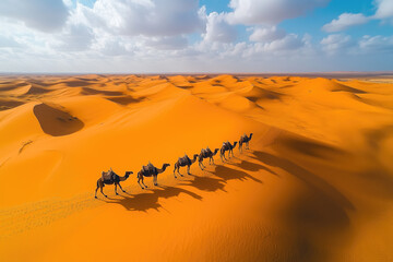  Drone Shot of Expansive Desert with Golden Dunes and Camel Caravan Crossing the Sands