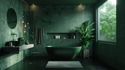 Modern dark green themed contemporary bathroom design AI generated image