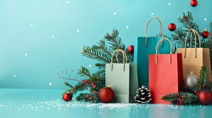 Festive christmas shopping banner featuring multicolored paper shopping bags, perfect for holiday sales promotions, retail marketing campaigns, and online e-commerce designs celebrating seasonal disco