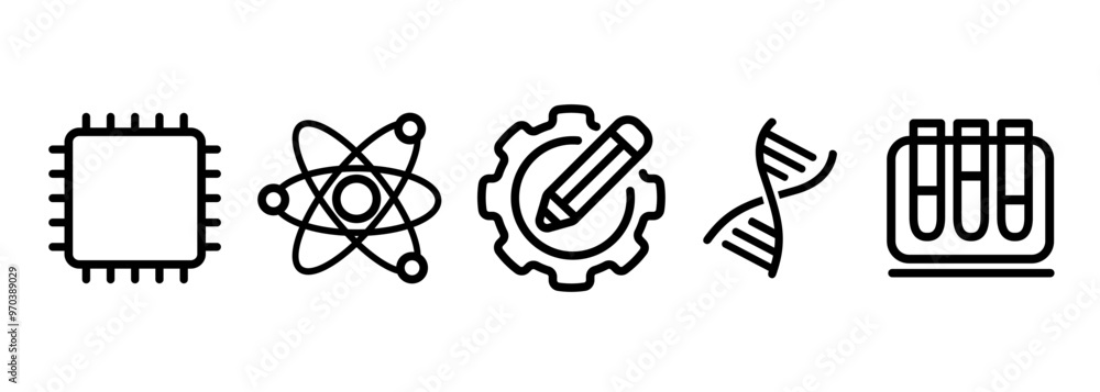 Poster icon set science of semiconductor atom engineering design symbolize with dna lab tube processor in l