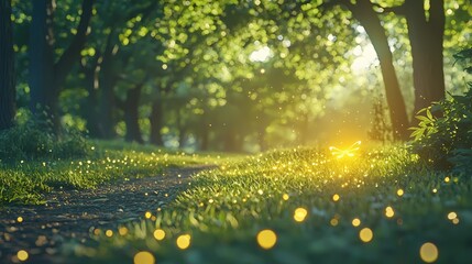 Obraz premium A serene forest path illuminated by glowing fireflies at dusk.