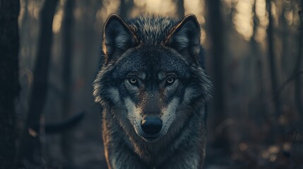 Fototapeta premium Wolf Gazing into Camera in Shadowy Forest