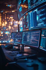 A smart city control room where operators monitor big data visualizations of urban metrics. The displays include traffic flow, energy usage, and environmental data, Generative AI