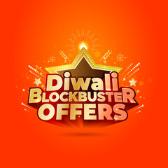 Diwali Blockbuster offers, sale, shopping with festive background. lights decoration, lantern, lamp, sparkle, rocket crackers and fireworks on bright red Vector illustration.