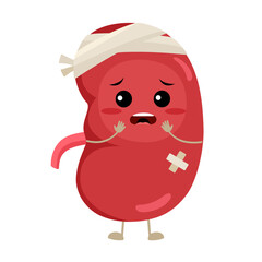 Sick kidney organ cartoon character. Unhealthy kidney disease. Sad kidney with pain ache on face with patch. Kidney failure concept.