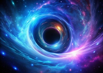 Swirling vortex of blue and purple energy surrounds a glowing black hole, creating a mesmerizing tunnel effect in the depths of starry space.
