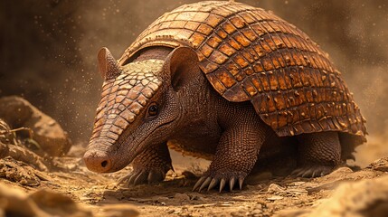 Fototapeta premium Armadillo Peering into Camera on Dusty Ground