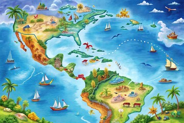 A vibrant map showcases the Caribbean's diverse geography, highlighting countries like Cuba, Jamaica, and the Bahamas, as well as lesser-known islands and crystal-clear bodies of water.