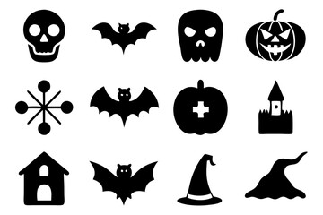 Halloween icons set. Pumpkin, ghost, spider, skull,  bat, cat, bone, witch, tree, cemetery and evil. Vector illustration.