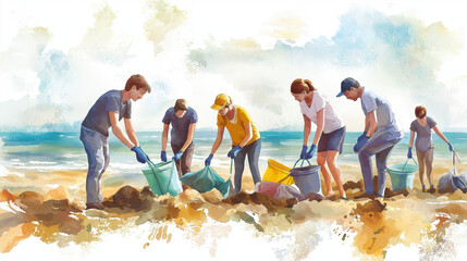 Volunteers cleaning up a beach, collecting waste and protecting the environment in a collaborative effort.