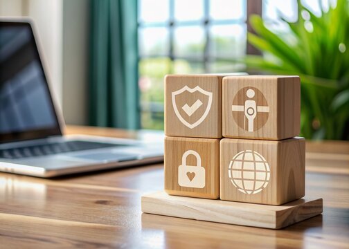 A wooden block on a modern desk displays a virtual screen with health, safety, and environment icons, representing standard safe industrial work practices.