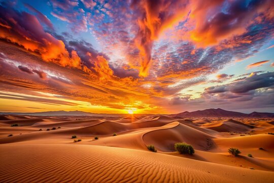 Vibrant orange and pink hues paint the sky as the sun dips below the endless rolling sand dunes of the serene Sahara desert landscape.