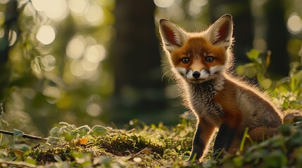 Fox Cub Exploring Forest in Morning Light