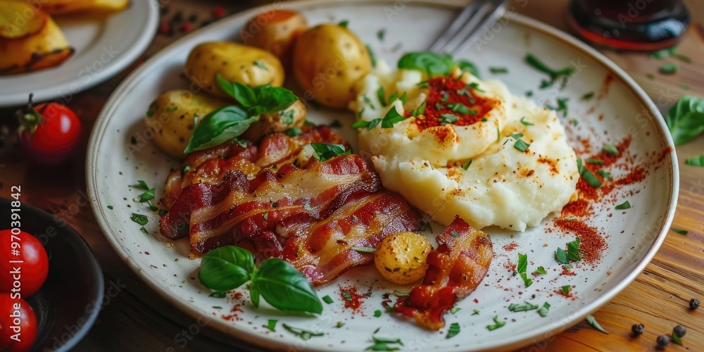 Poster plate with fried bacon mashed potatoes and basil rolls on a table
