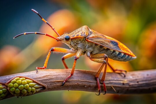 A intricate macro portrait of a vibrant leaf-footed insect perched on the delicate tip of a barren tree branch, set against a soft, blurred background.