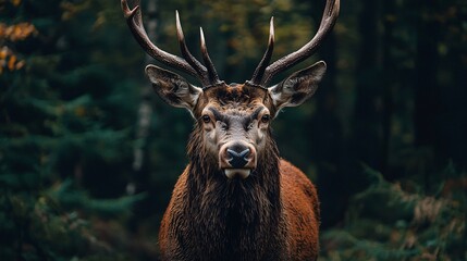 Stag with Large Antlers in Dense Forest