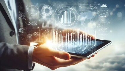 A person's hand holding a tablet with a digital graph, overlaid on a white background with financial symbols, symbolizing business growth