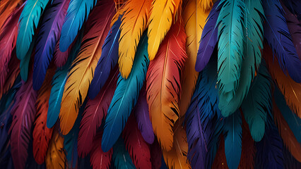 Obraz premium Abstract composition of vibrant, colorful feathers arranged in a circular motion