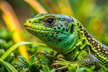 Fototapeta premium Vibrant male green sand lizard with long claws and distinctive black markings blends into lush grass and leafy surroundings in its natural habitat.