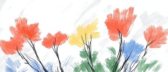 Fototapeta premium Vibrant abstract flower painting with red, yellow, and blue petals against a white background, evoking a sense of serenity and beauty.