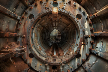 Inside view of an industrial tunnel boring machine, rusted gears, heavy machinery, mechanical engineering marvel, industrial construction, large-scale infrastructure, worn metal, engineering precision