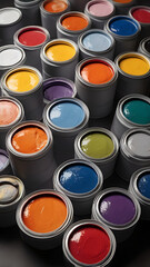 A premium paint set in small containers on a textured plinth. Highlighting its high-quality materials and vibrant colors, with copy space

