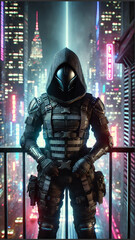  futuristic female warrior in a hooded outfit with a blurred, smoky cyberpunk cityscape background