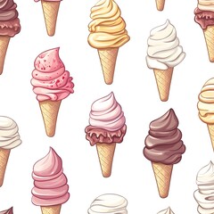 Seamless Pattern of Delicious Ice Cream Scoops and Cones in Various Flavors on White Background