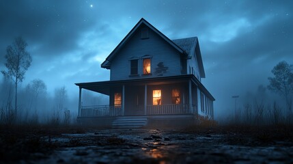 Eerie house at dusk with glowing windows surrounded by misty trees, evoking a haunting atmosphere.
