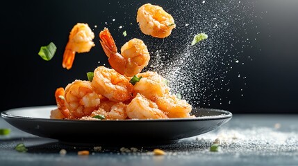 Fresh shrimp is beautifully plated with herbs, showcasing a culinary masterpiece ideal for seafood recipes and dining inspirations.