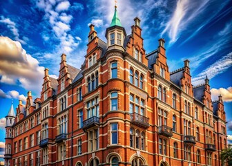 Obraz premium Majestic red brick edifice ascends towards blue horizon, ornate facades and expansive windows radiating sophistication, refinement, and timeless architectural beauty under a pristine sky.