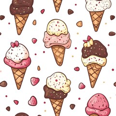 Playful and Delightful Seamless Pattern with Assorted Ice Cream Scoops  Cones  and Toppings on a White Background