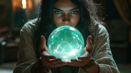 Naklejka premium Digital Oracle: AI-Powered Fortune Teller Revealing Futuristic Visions in High-Tech Mystic Setting
