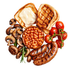 A hearty breakfast plate featuring sausages, beans, mushrooms, toast, and tomatoes.