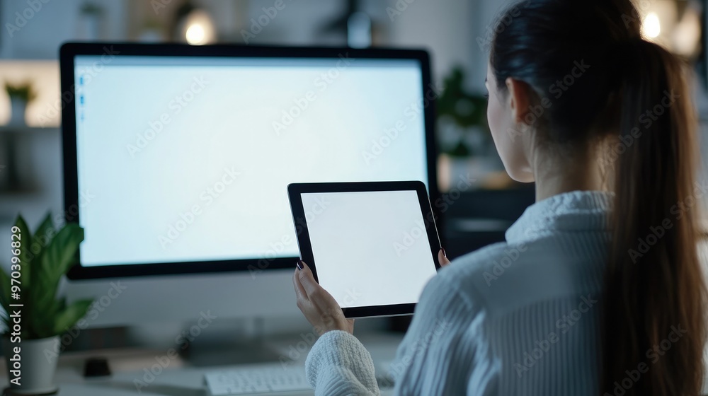 Poster a professional woman holding a tablet with a blank screen, in front of a desktop monitor with an emp
