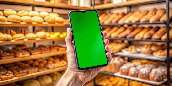 Hand holds modern black smartphone with green screen cutout against a warm bakery background, ideal for showcasing apps, websites, or digital content in a lifestyle setting.