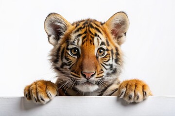 Fototapeta premium Adorable tiger cub's curious face peeking over a blank banner's edge, whiskers twitching, eyes shining with innocence, perfect for customized text or design overlays.