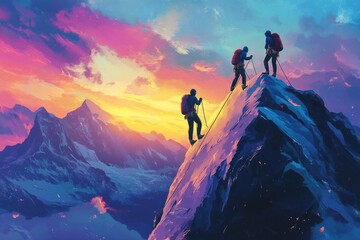 silhouette of people climbing mountains together using rope with vivid sky ,colorful	
