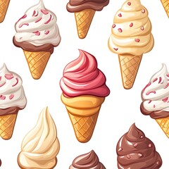 Seamless Pattern of Delicious Ice Cream Cones and Swirls on a White Background