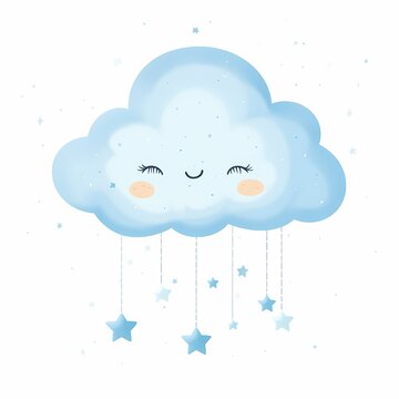 recommend clip art: Smiling Cloud with Stars: A whimsical and charming blue watercolor cloud with a sweet smile and dangling stars, perfect for nursery decor, baby shower invitations, and children's illustrations.